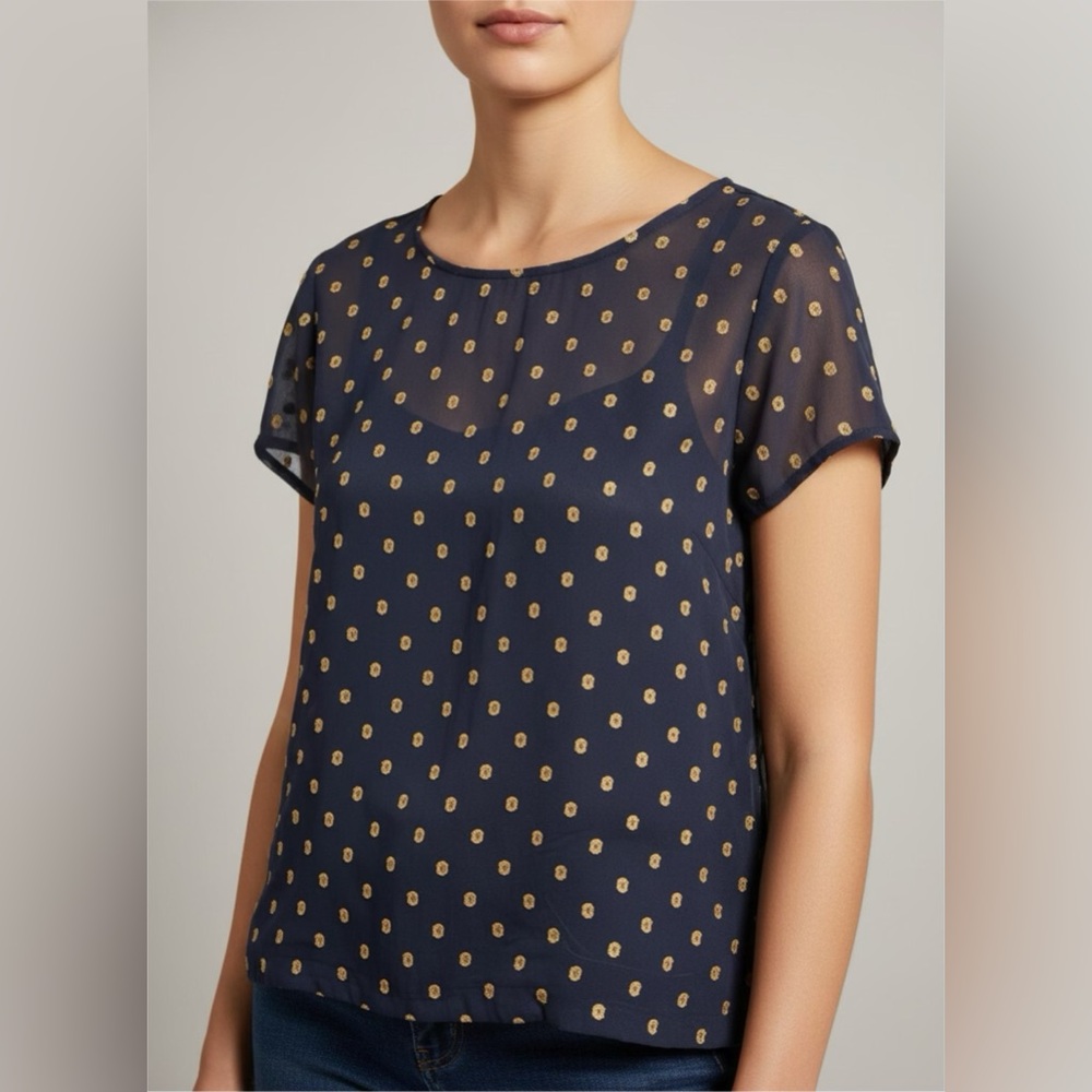 Women’s Loft Navy Blue Gold Top Blouse Shirt Sleeves Sheer  Size XL  Light